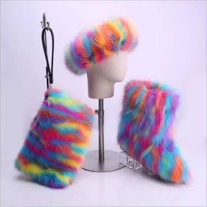 Fur rainbow boots with colorful fur headbands set